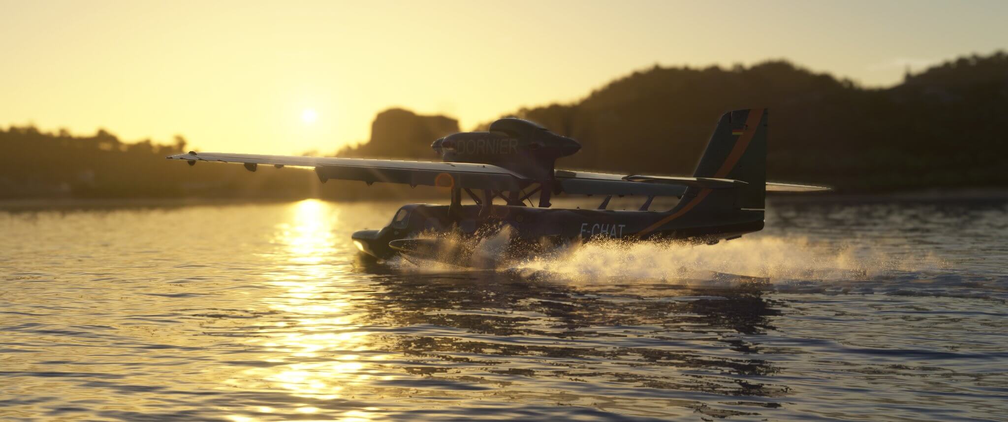 A Dornier propeller aircraft touches down on water during golden hour