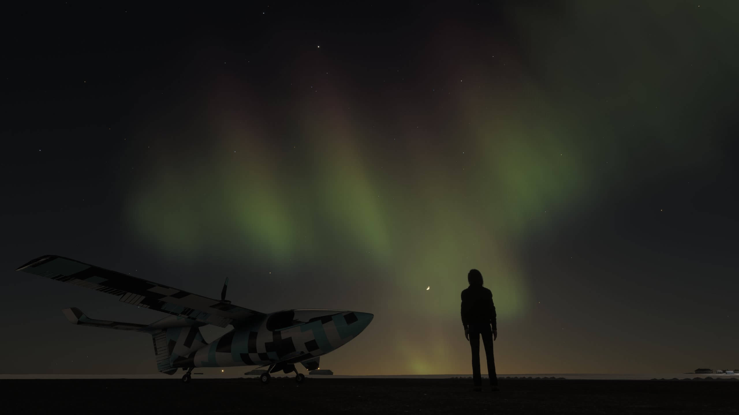 A pilot stands next to their propeller aircraft whilst admiring the Aurora Borealis