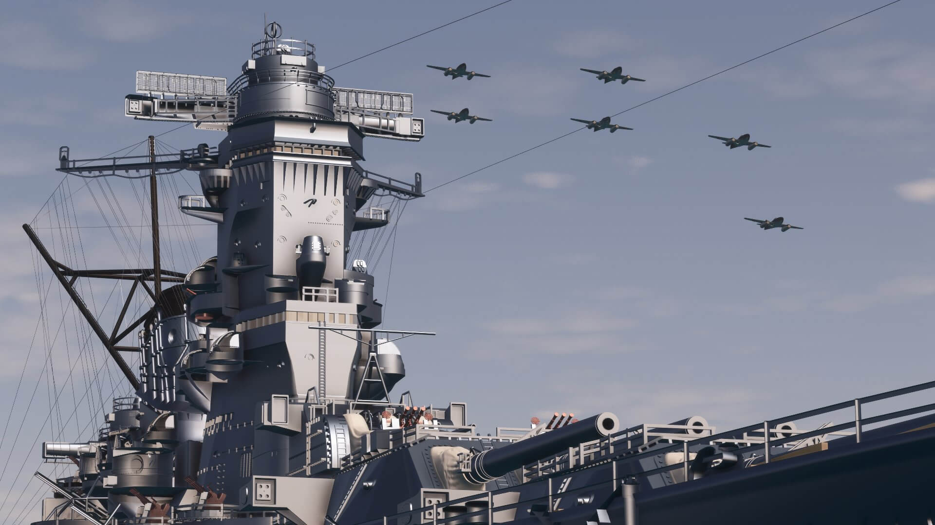 Six military aircraft can be seen flying in close formation over a navy ship