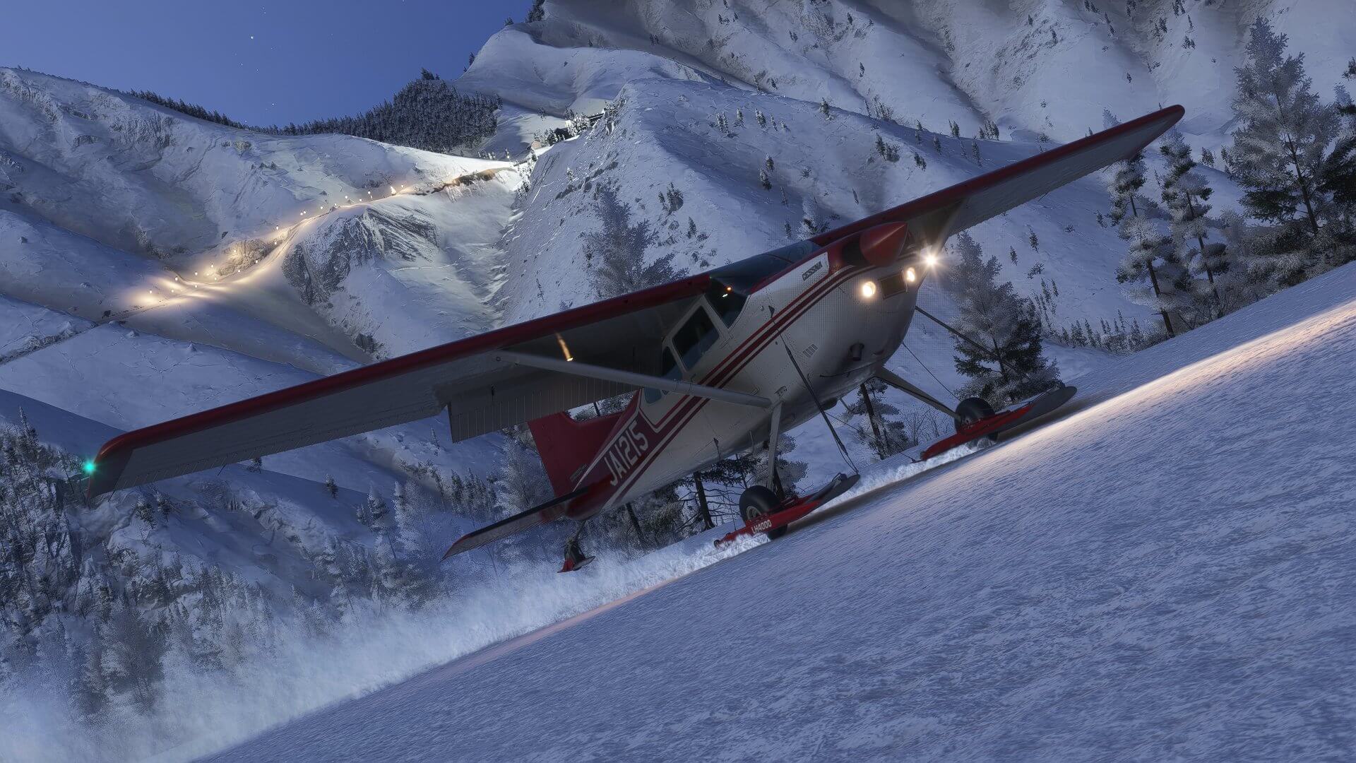 A Cessna high wing propeller aircraft lands on a steep snowy mountain