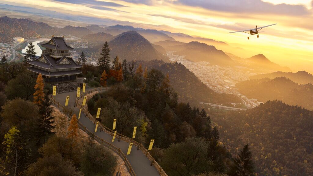 A Cessna 152 flies high over a historic Japanese building during sunset