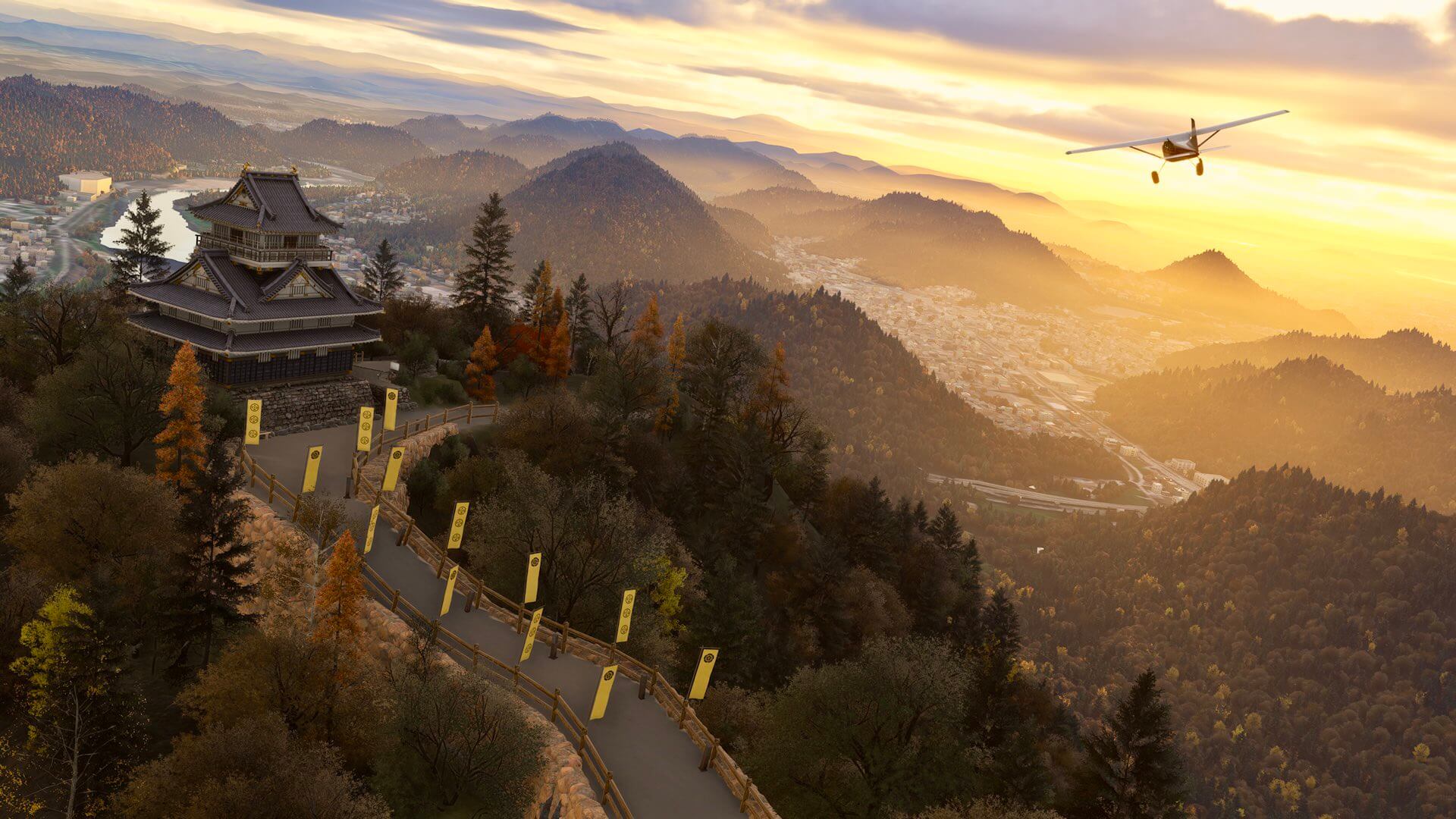 A Cessna 152 flies high over a historic Japanese building during sunset