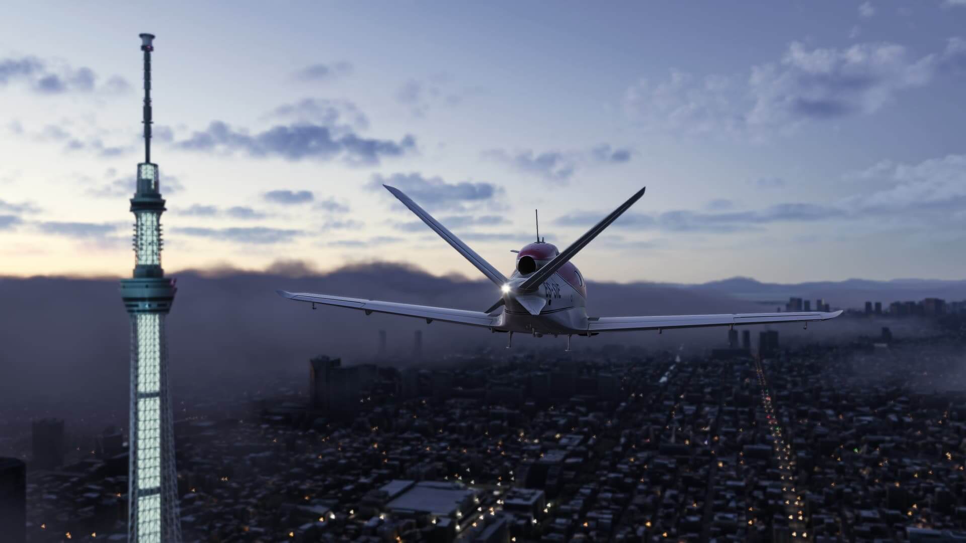A Cirrus Vision Jet flies over a densely populated city