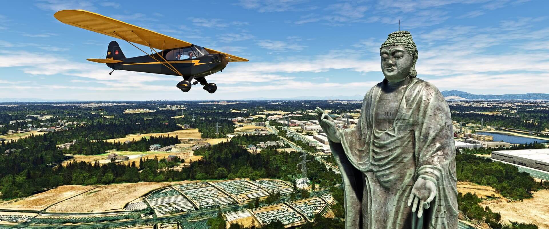 A high-wing propeller aircraft flies over a historic Japanese statue