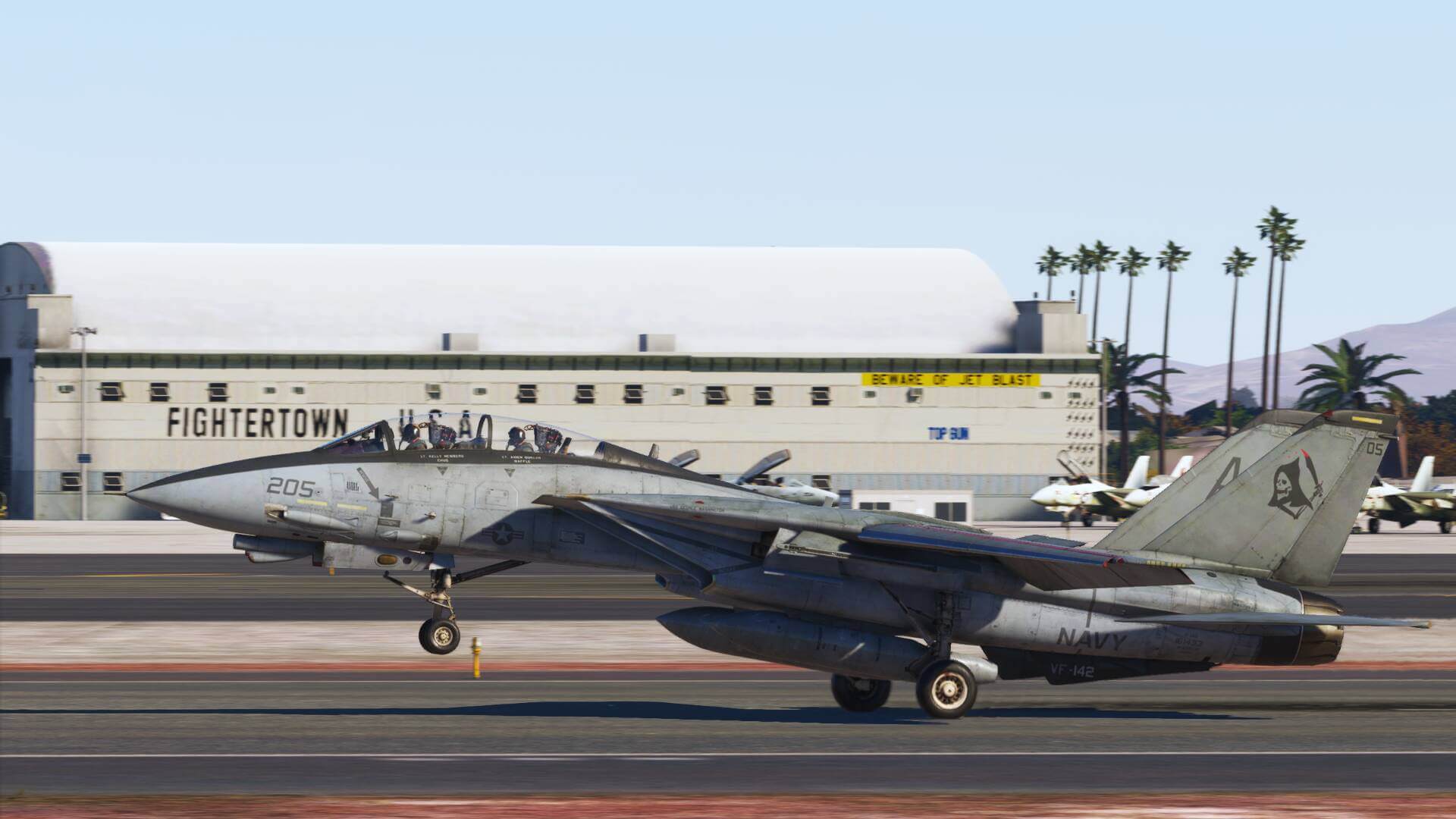 An F-14 Tomcat flares for landing in Fightertown, USA
