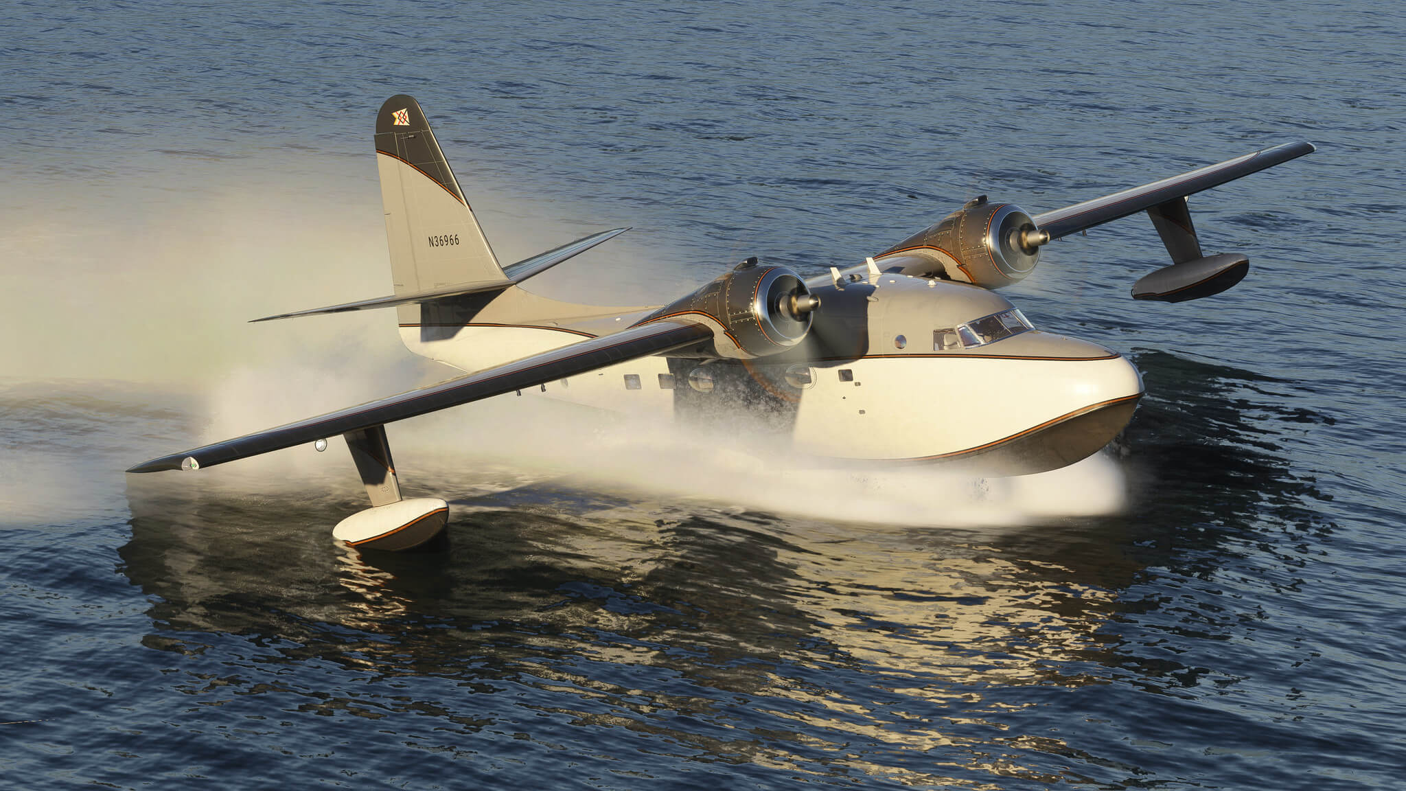 The Spruce Goose causes water to spray past its hull after landing