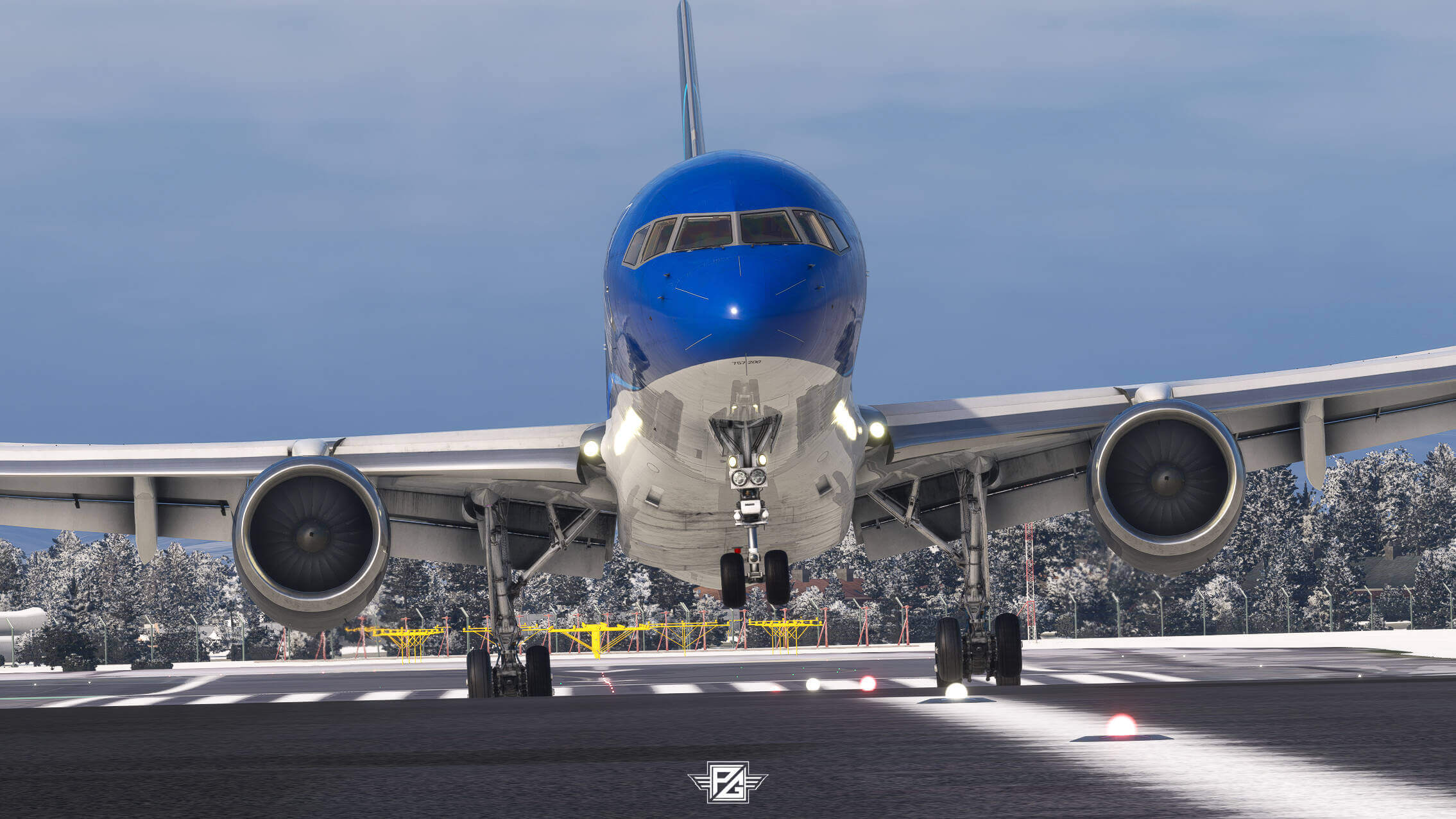A Boeing 757-200 touching down the main gears at a snowy airport