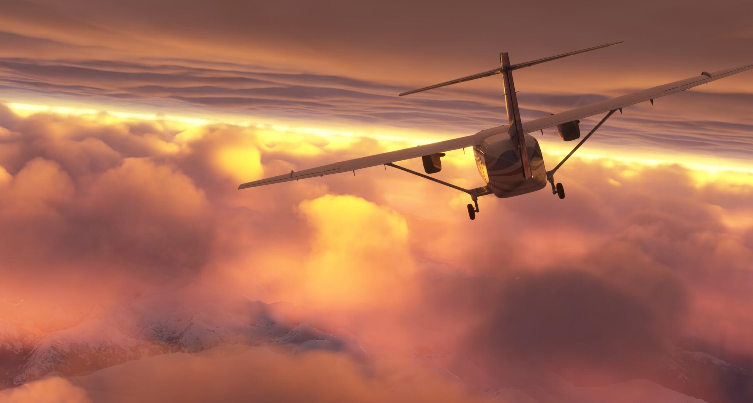 A high wing dual propeller aircraft banks to the left whilst flying between two layers of thick cloud