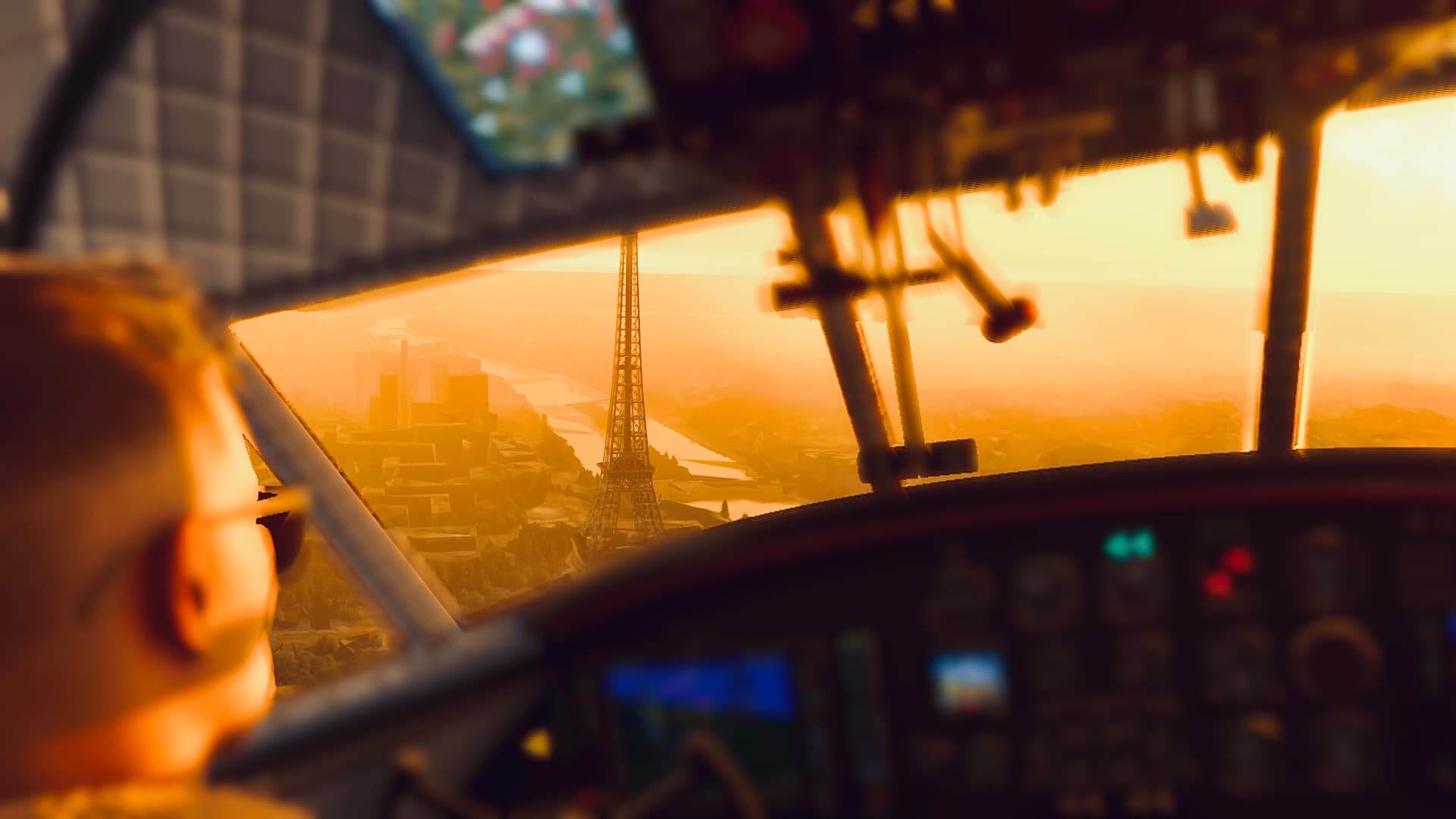 The view from the cockpit of an aircraft flying near the Eiffel Tower, Paris