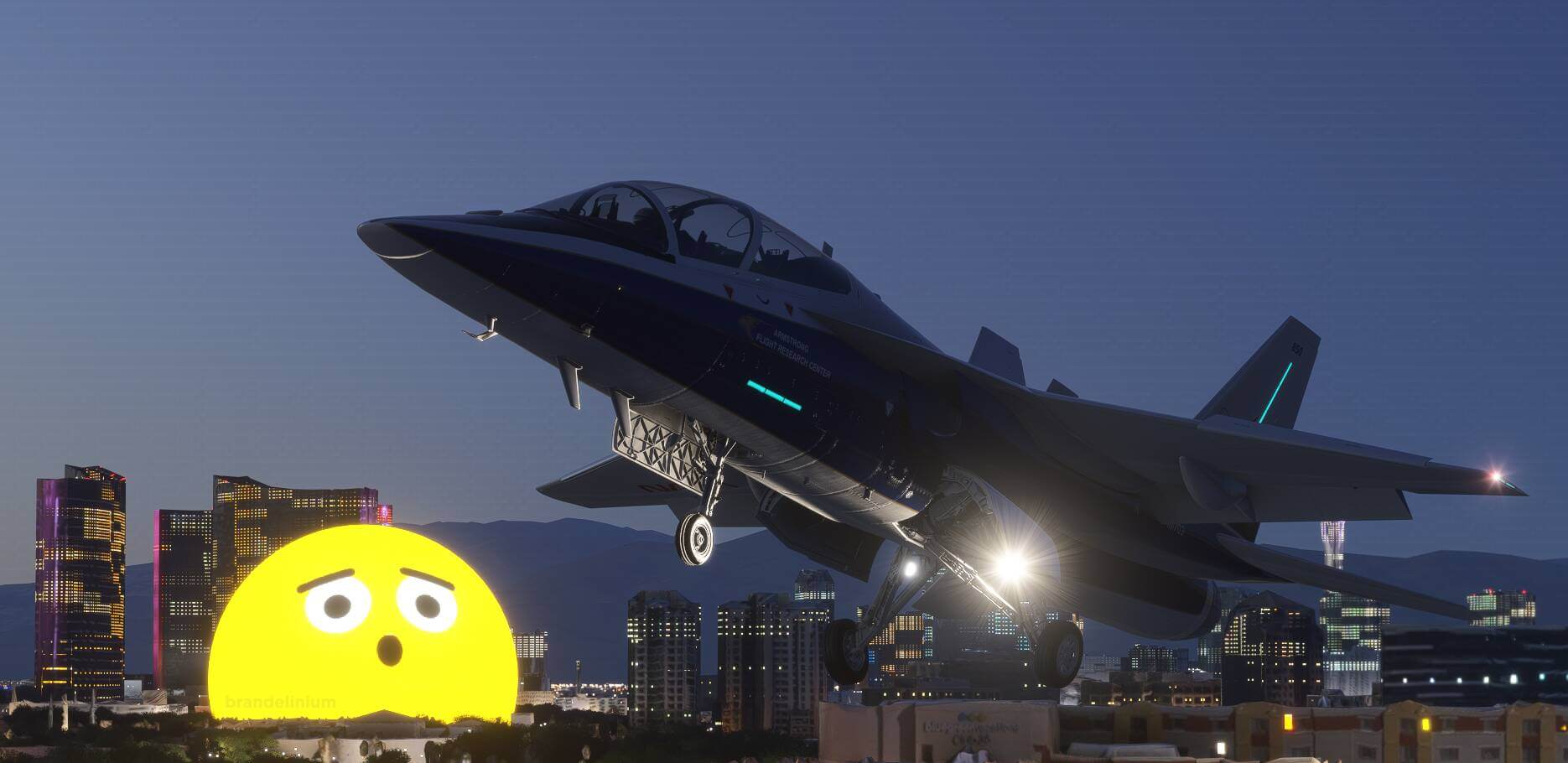 A military jet flares with landing lights engaged as the Sphere in Las Vegas looks on
