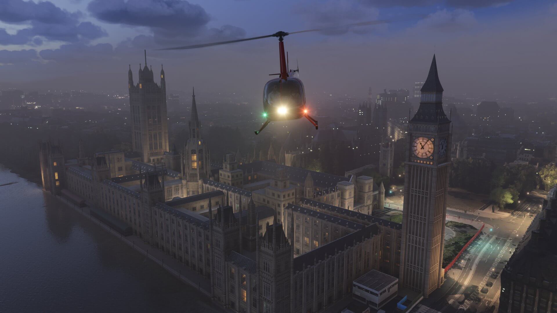 A Robinson R66 Helicopter flies overheard the Houses of Parliament, London