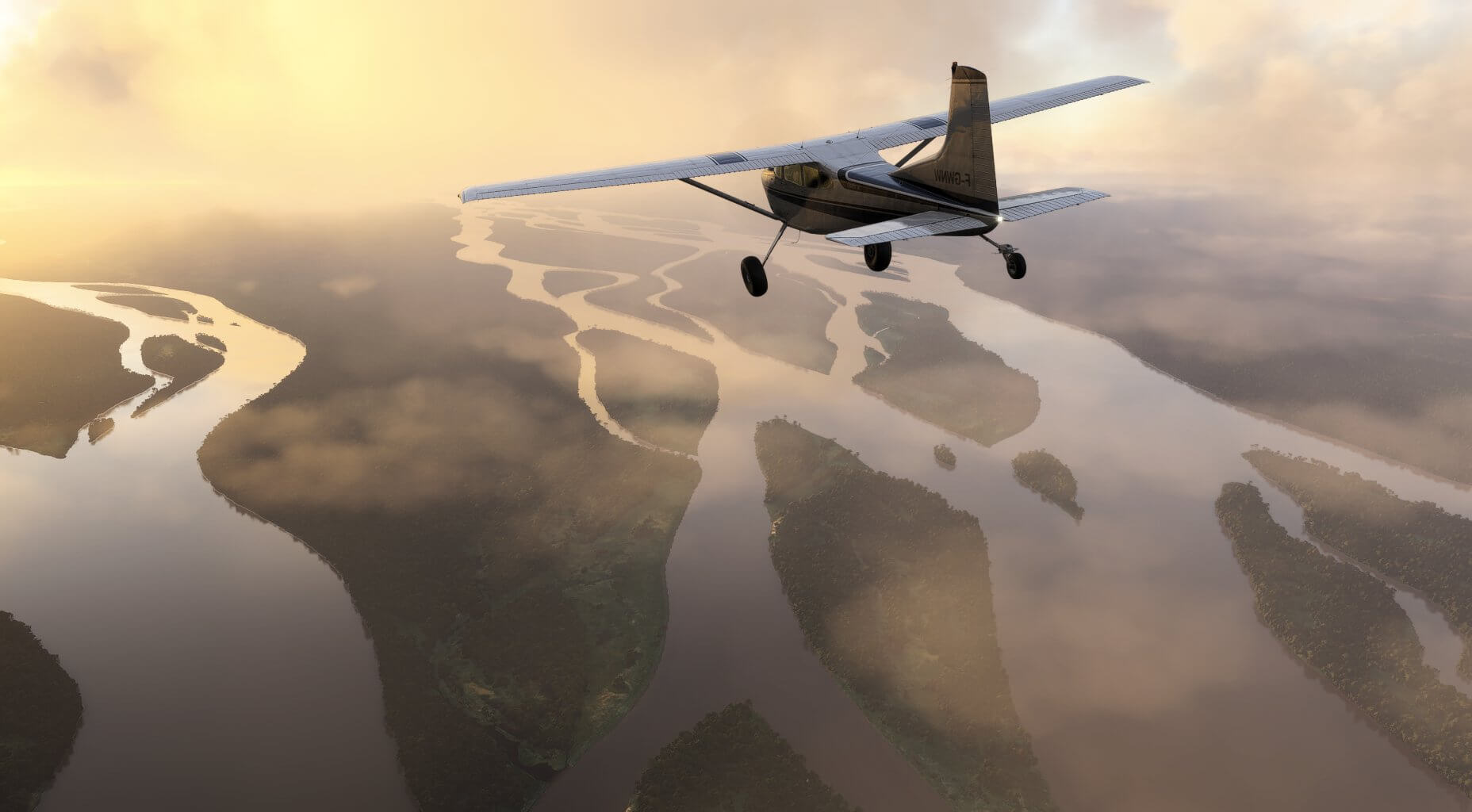 A Cessna 172 flies through cloud over an everglade