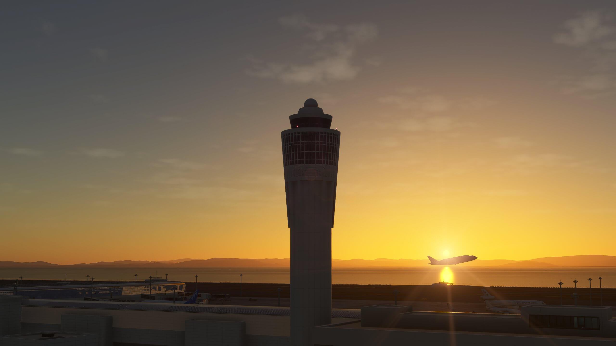 A Boeing 747 Dreamlifter takes off during sunset at an international airport