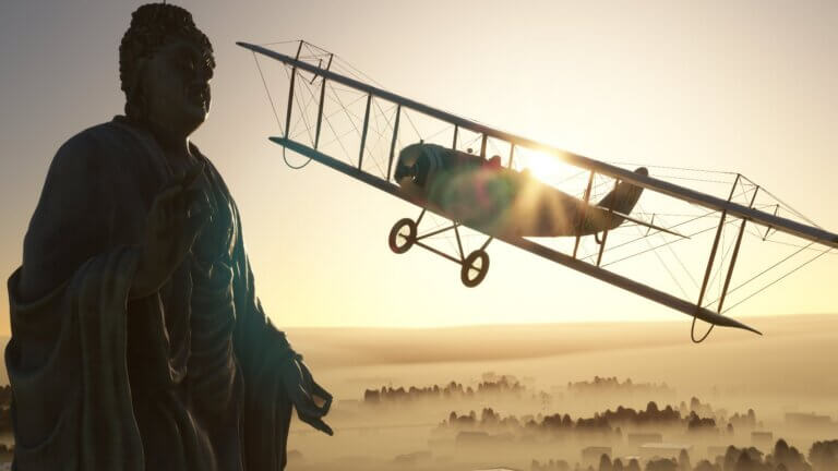 A dual-wing propeller vintage aircraft flies past a monument with thick fog below