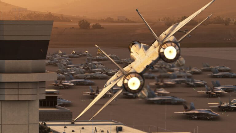 An F-14 Tomcat has afterburners engaged whilst passing close by an ATC tower