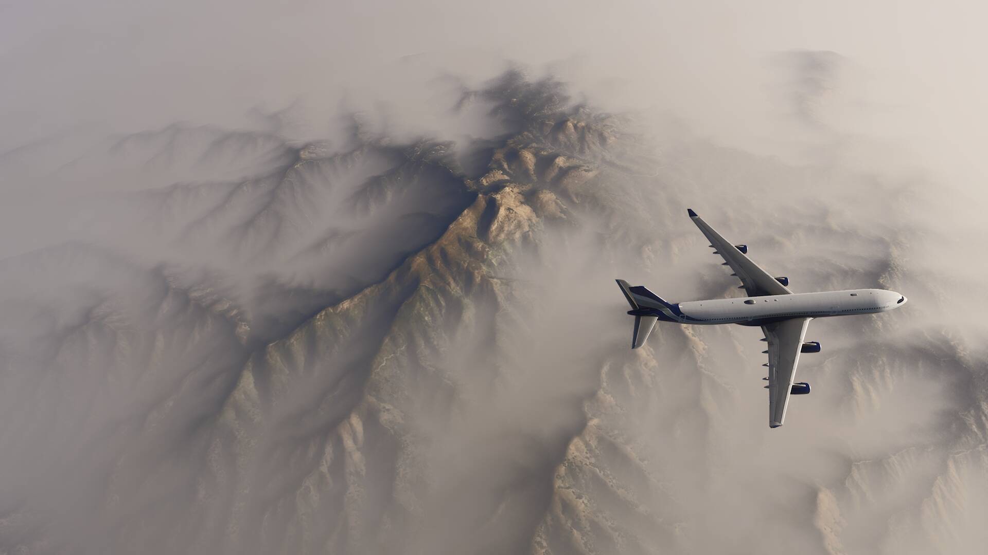 An Airbus A340 cruising high over a foggy landscape