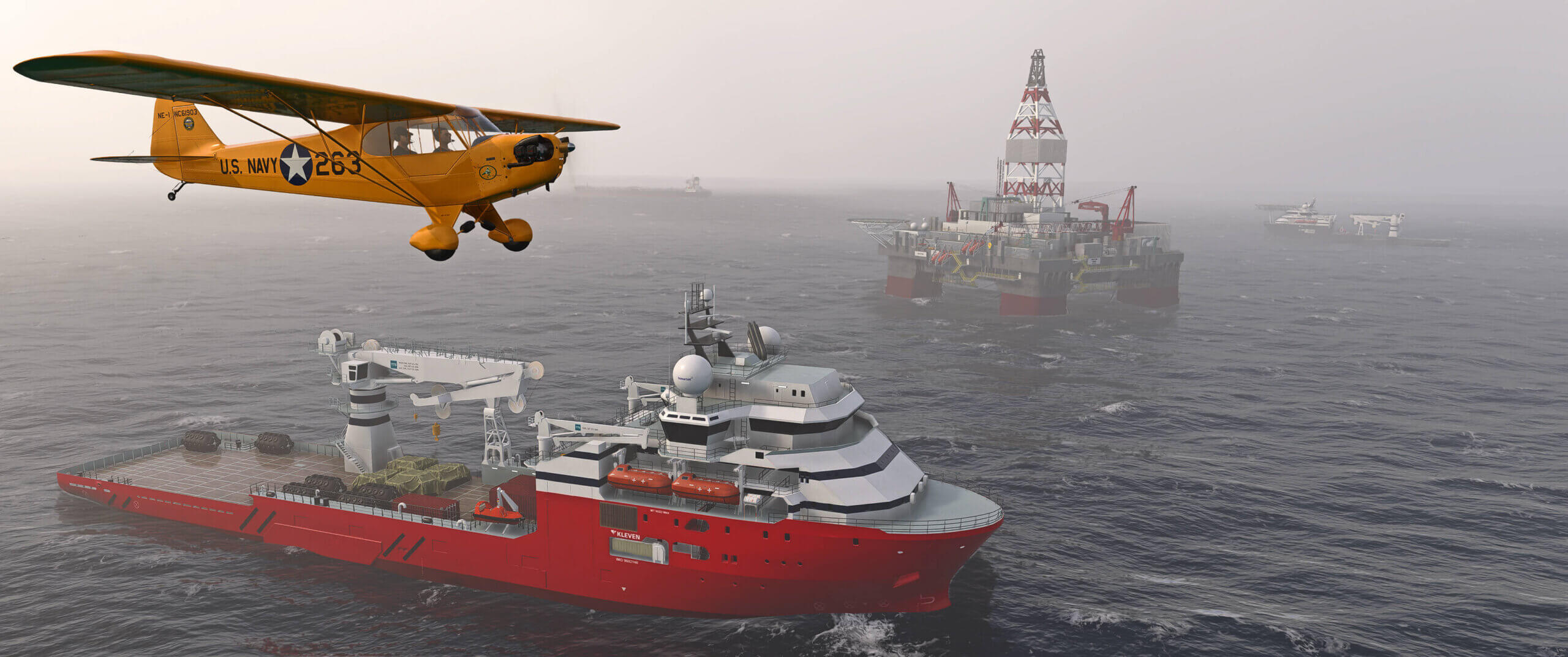 A yellow high-wing propeller aircraft flies near an oil rig, with tanker ships closeby