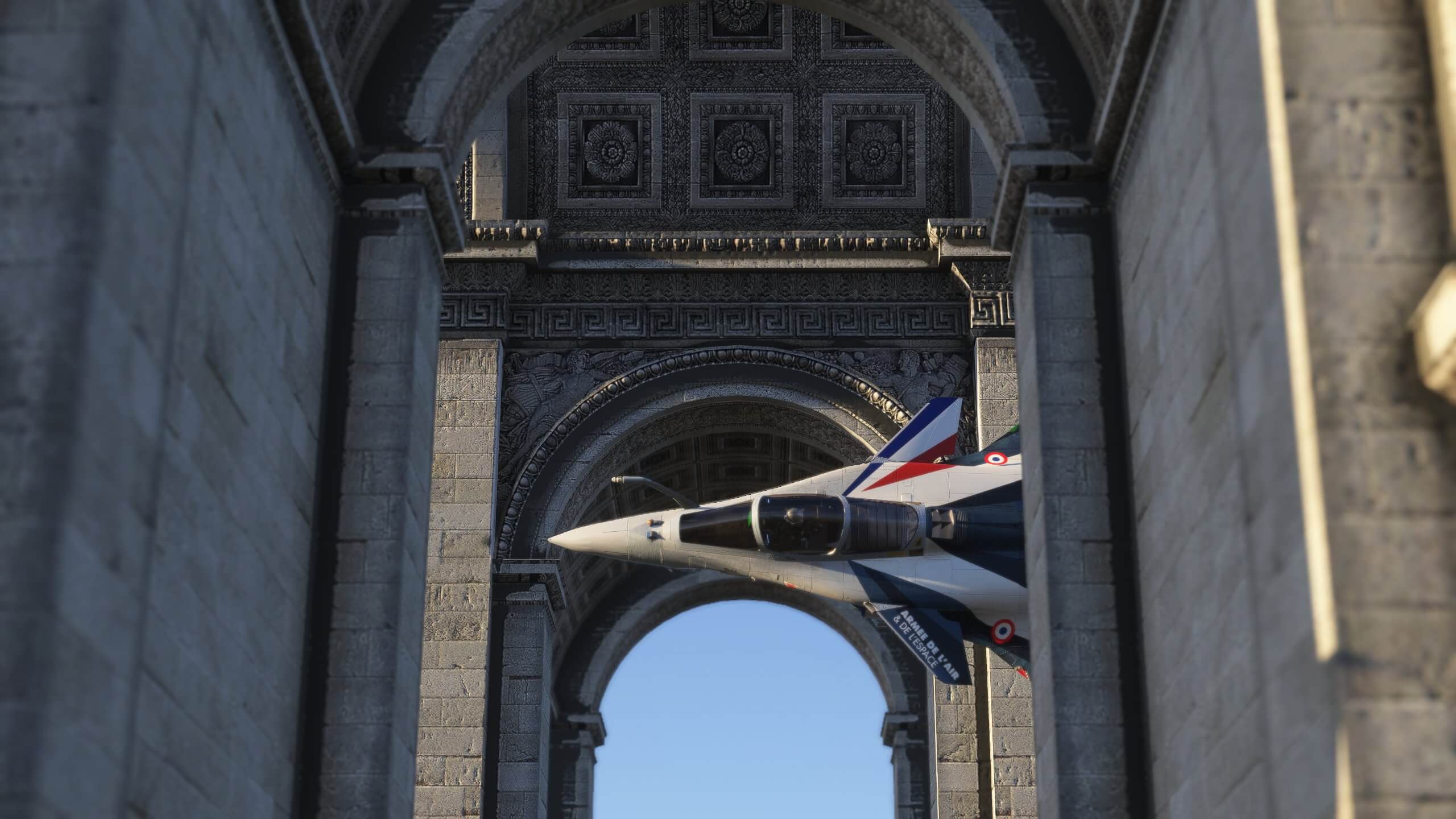 A fighter jet flies through the Arc de Triomphe in Paris.