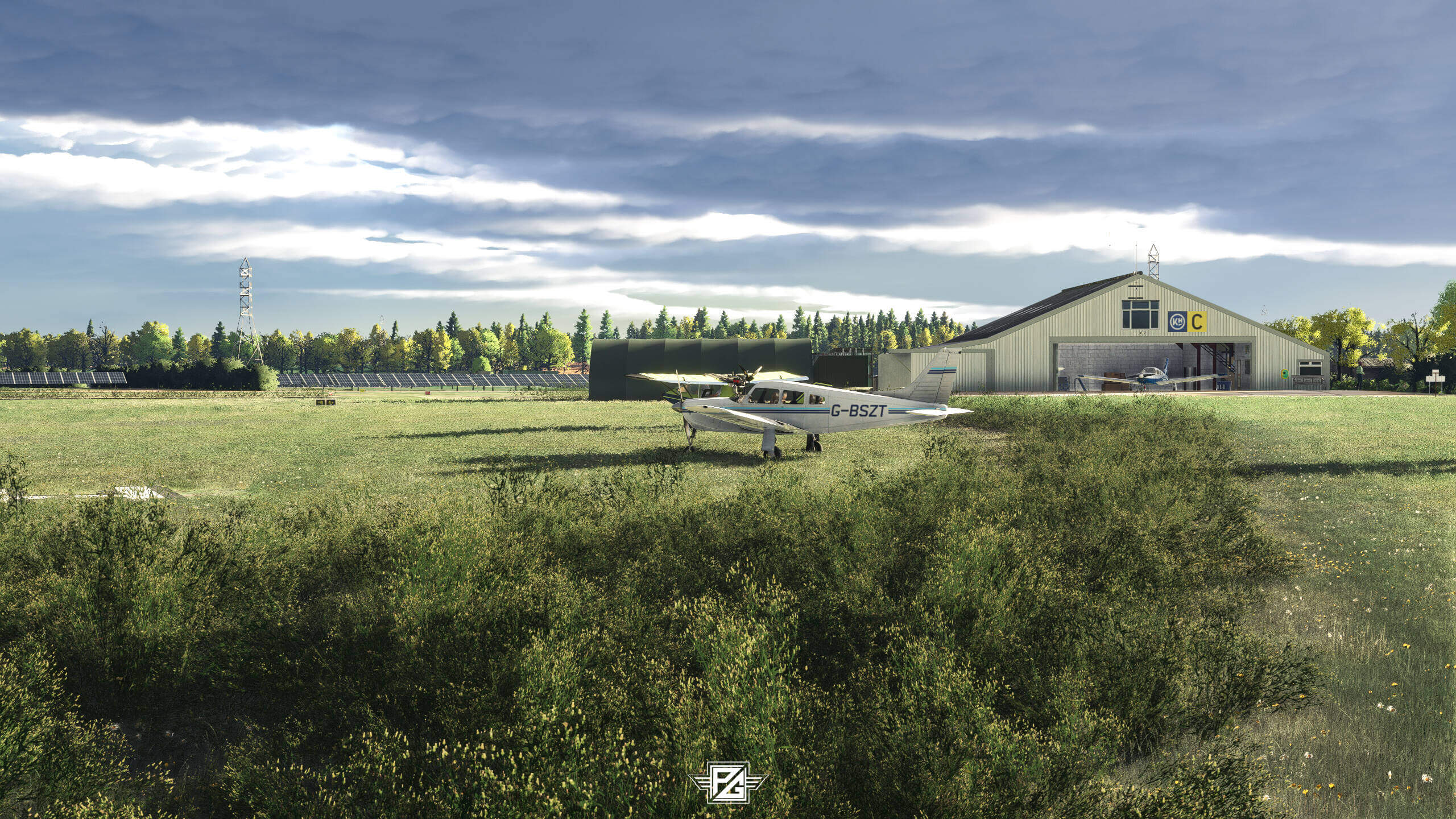 A group of general aviation aircraft on a grass runway strip