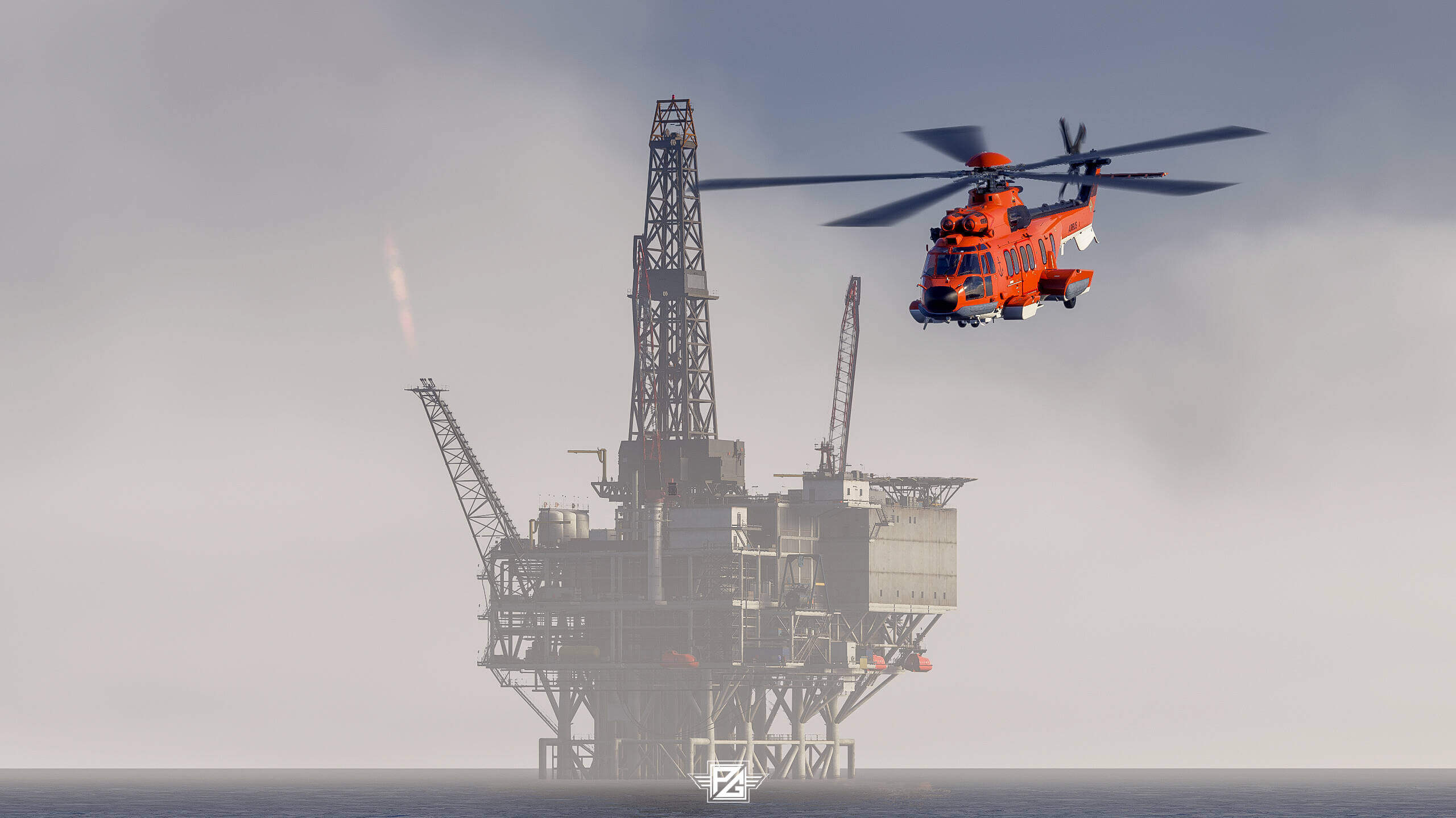 An Airbus H225 flies away from an oil rig