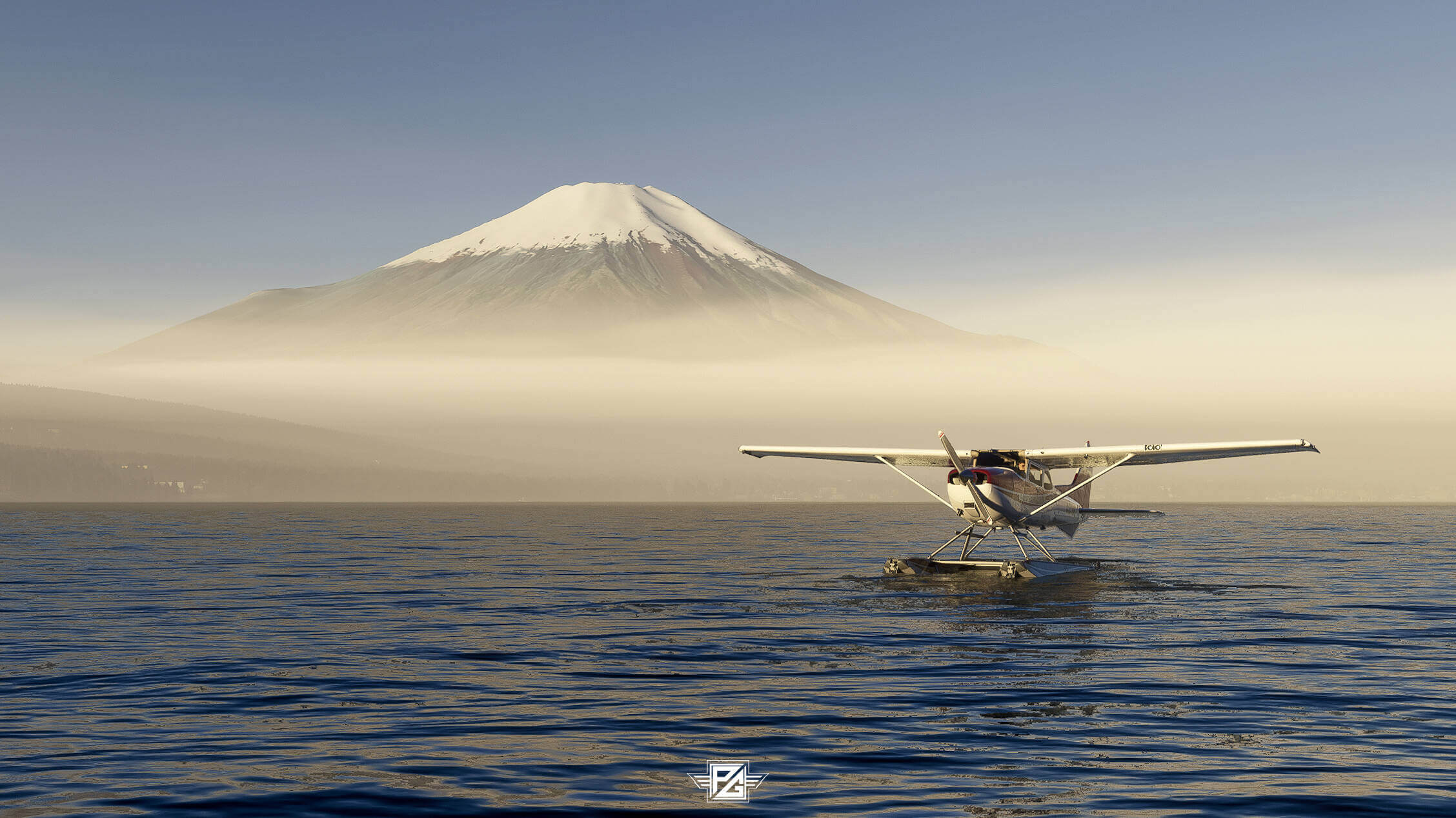 A Cessna 172 sits idle on the water near Mount Fuji, Japan