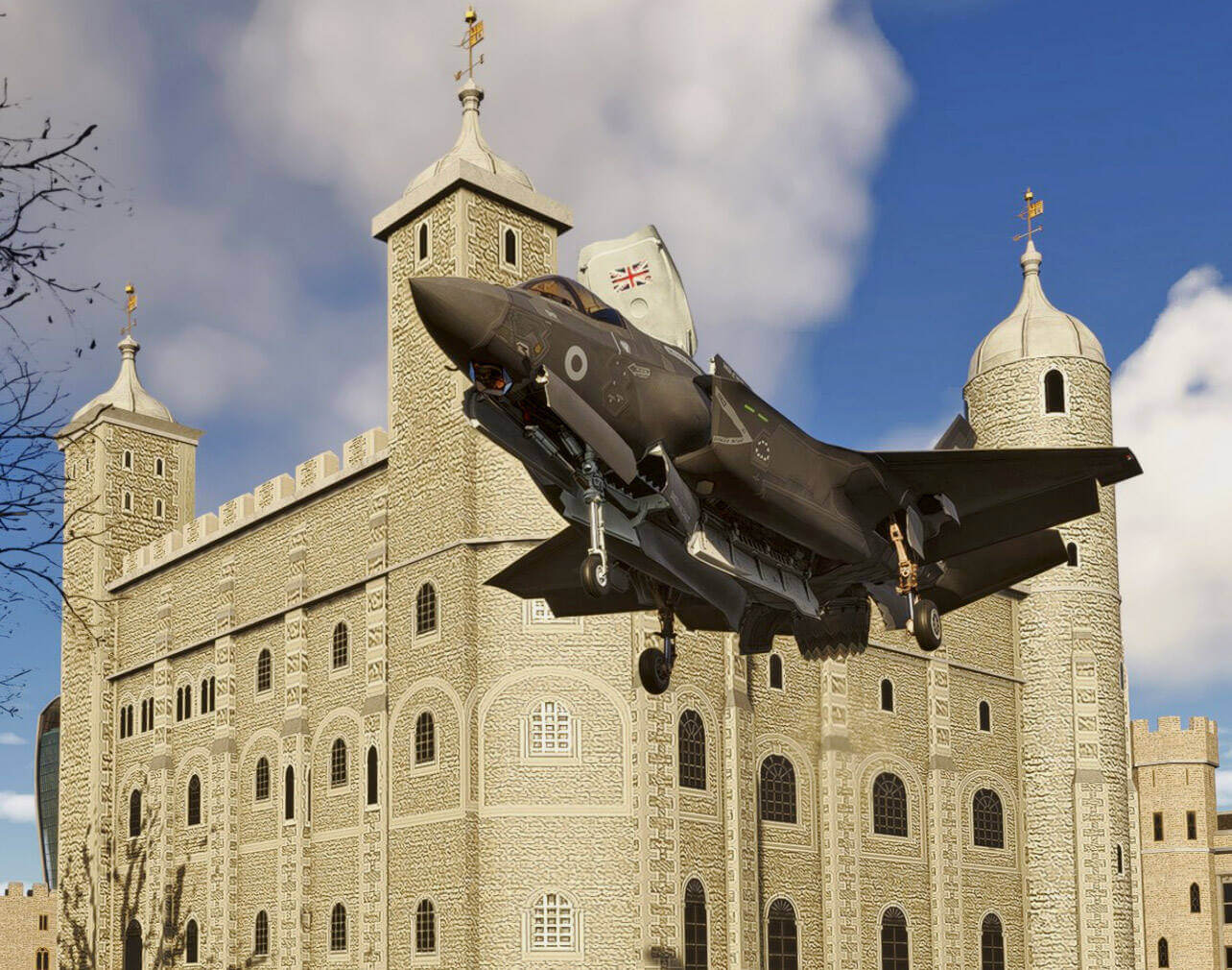 An F-35 Lightning hovers next to the Tower of London