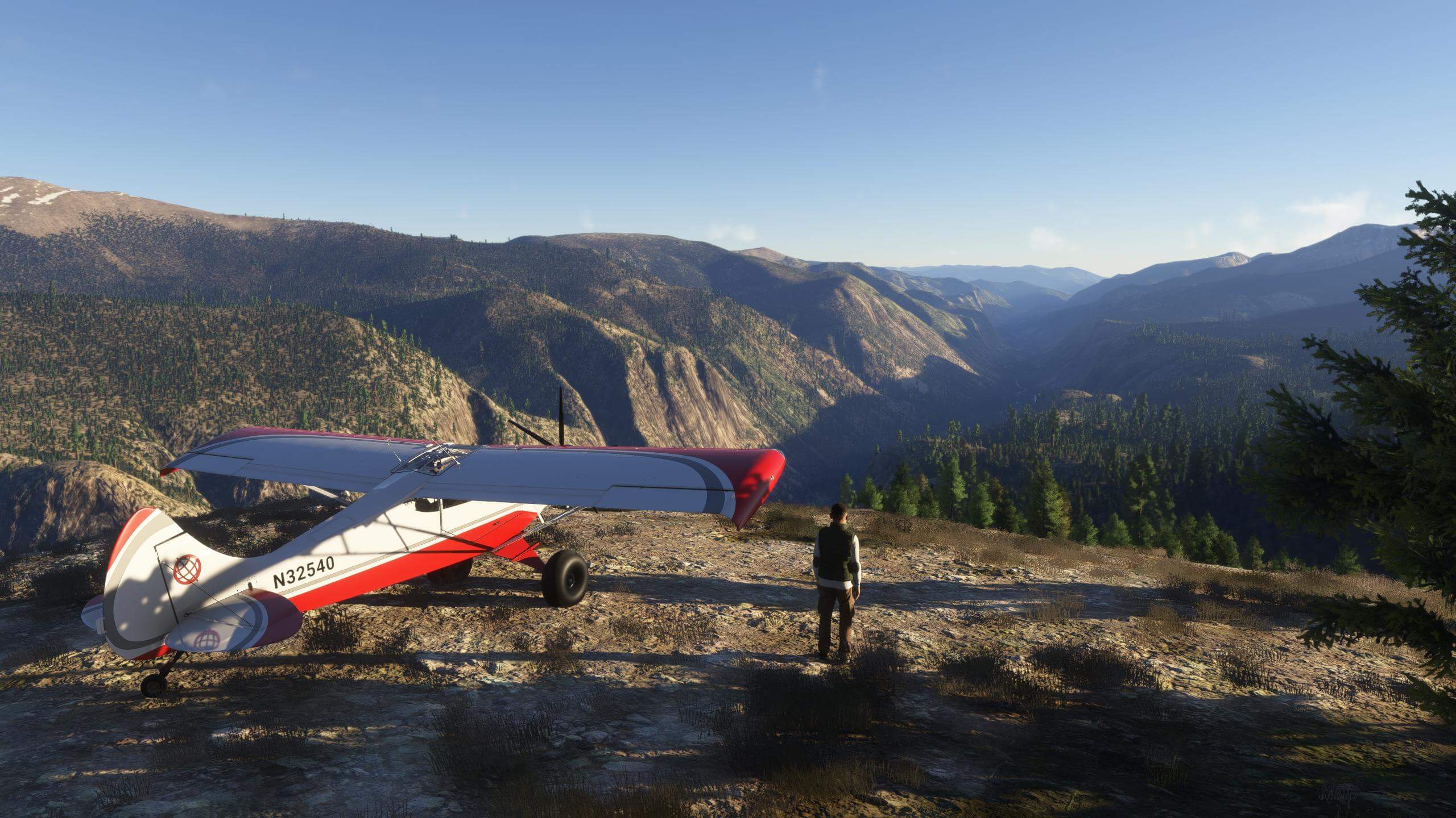 A man enjoys a stunning view of a picturesque mountain while standing next to a bush plane.