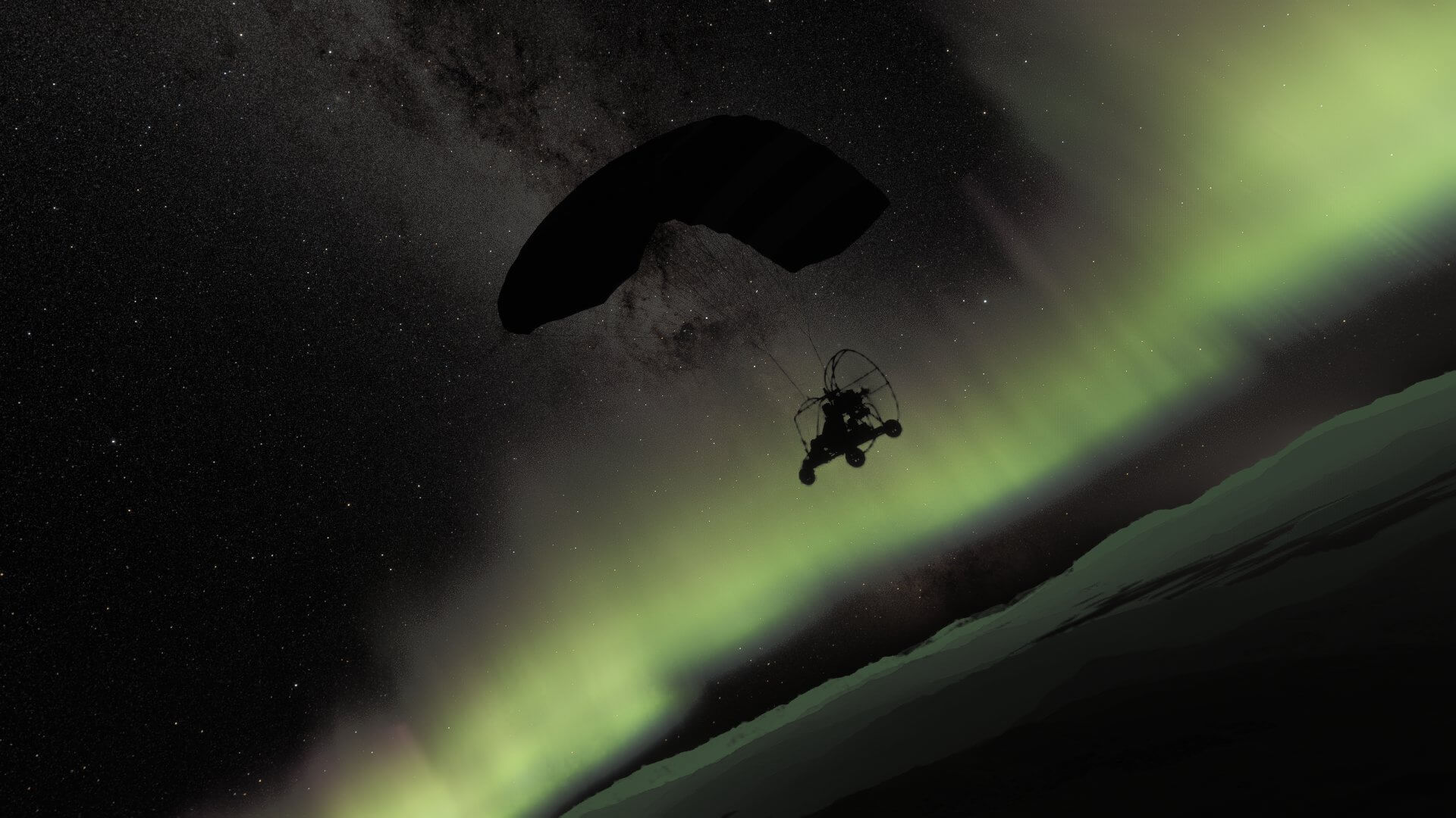 A silhouette of a PowraChute Skyrascal with the aurora borealis in the background.