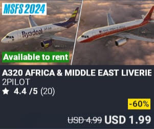 A320 AFRICA & MIDDLE EAST LIVERIES by 2PILOT. USD $4.99 (on sale for 1.99)