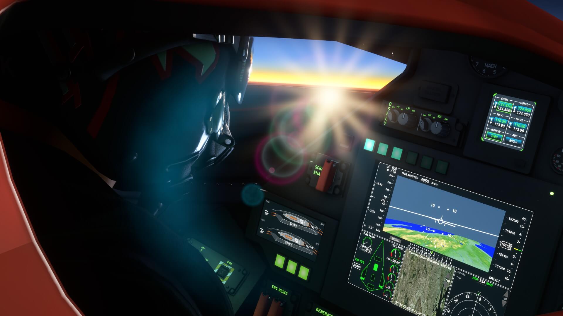 A pilot gets blinded by the sun rise on the horizon whilst flying in the Darkstar