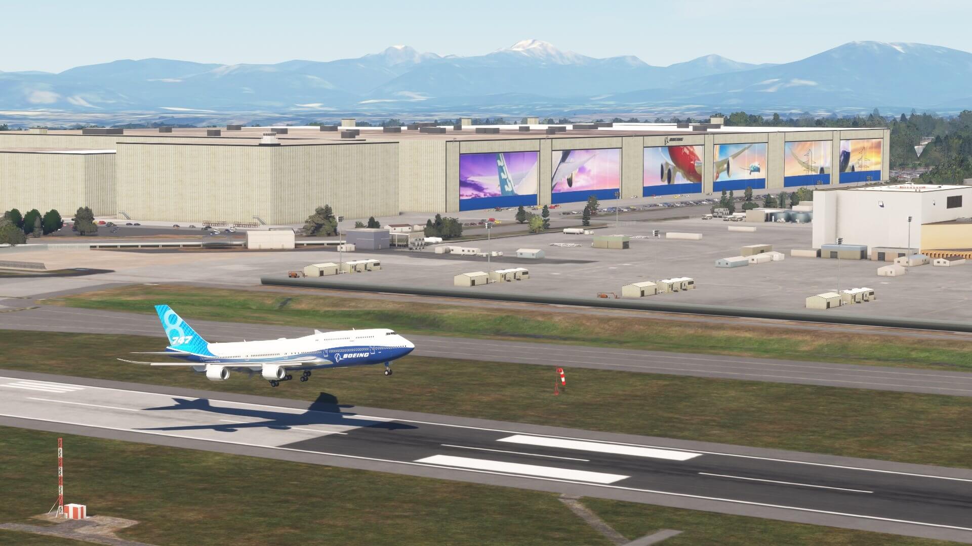 A Boeing 747-8 flares for landing at Paine Everett airfield