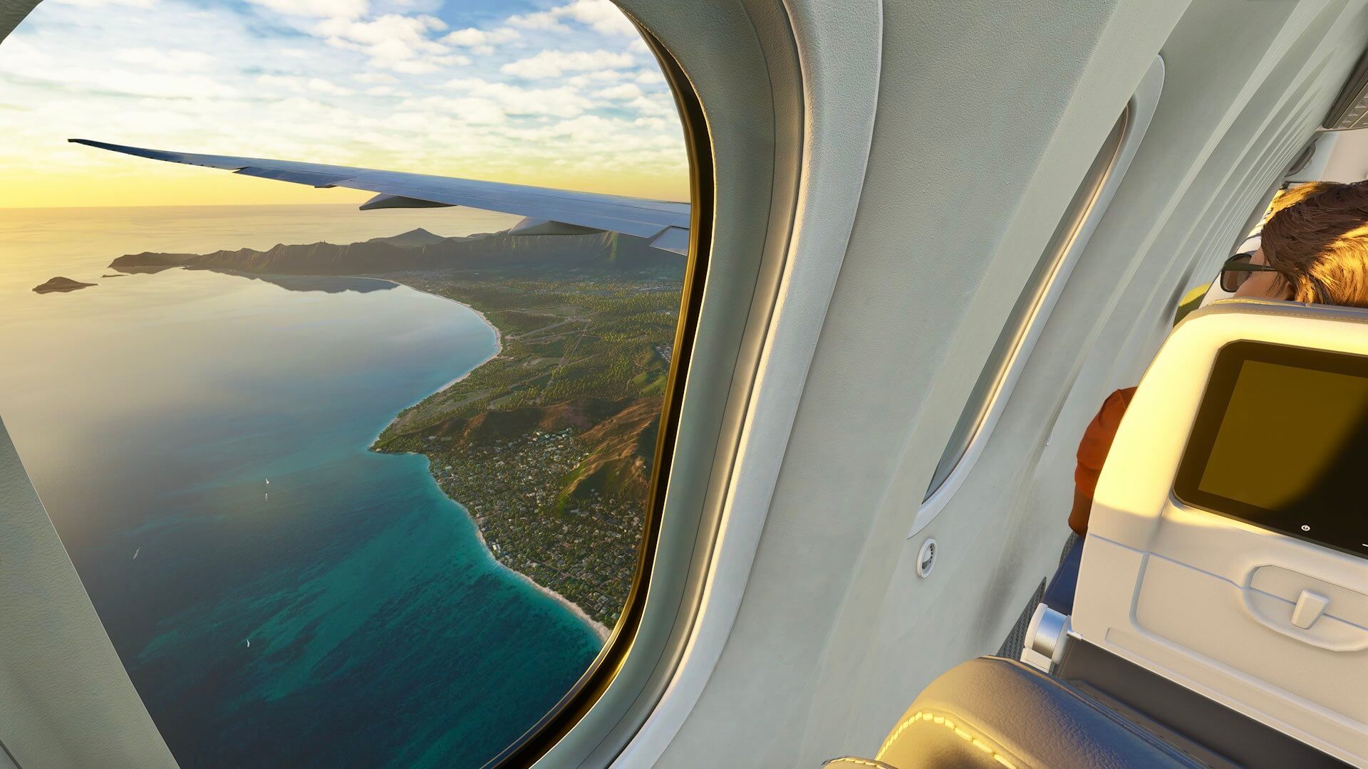 A wing view of an airliner approaching to land in Hawaii
