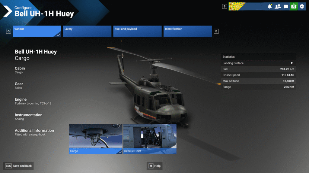 Aircraft Selector Screen of the Huey