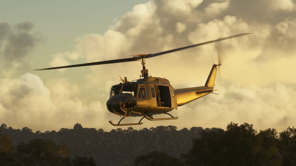 UH-1 helicopter "Huey" with a sunset and heavy clouds