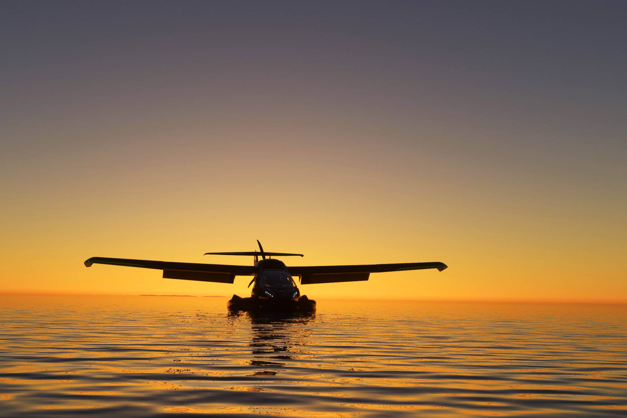 An Icon A5 sits idle on water before sunrise