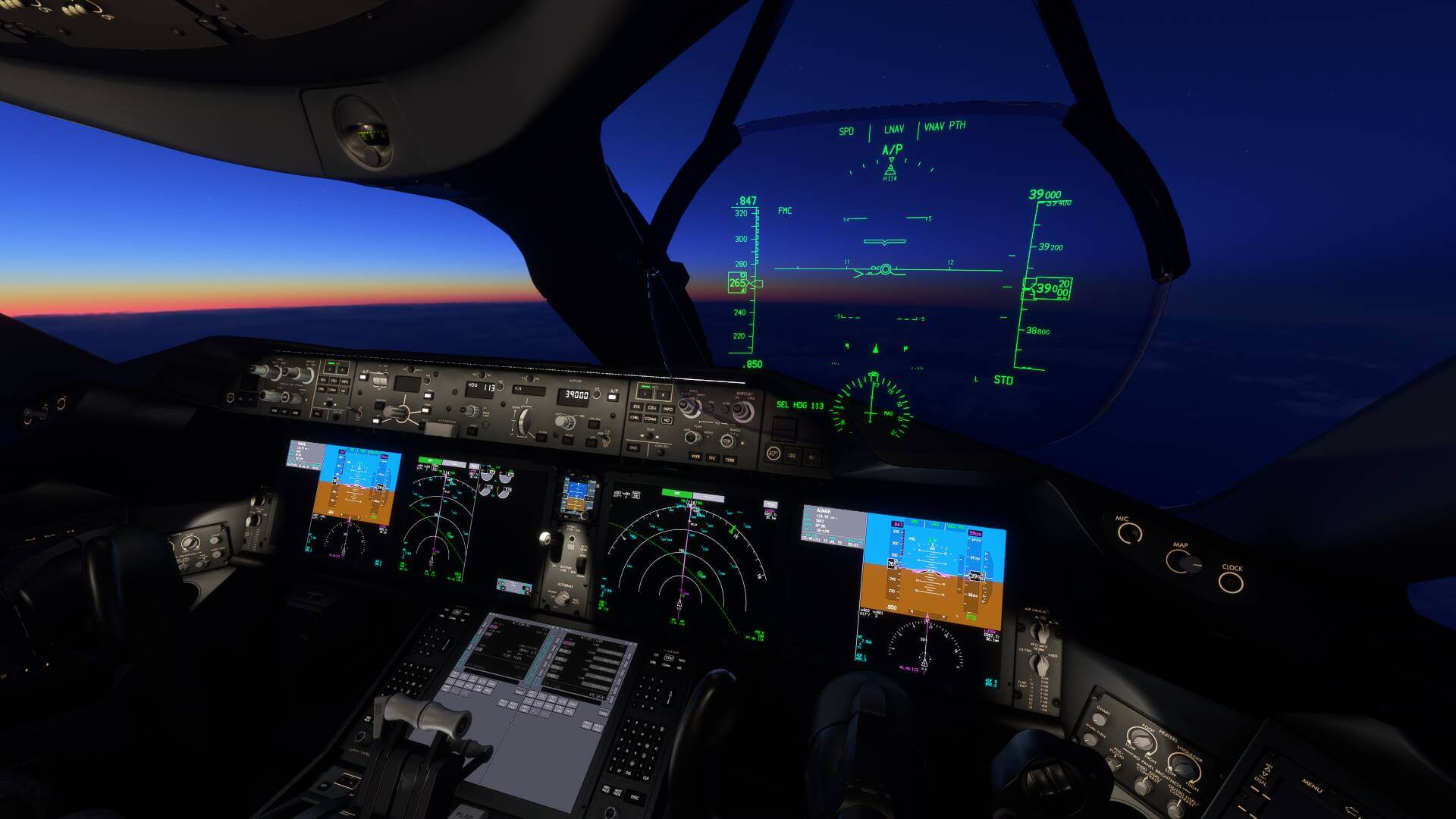 A Boeing 787 flight deck before sunrise