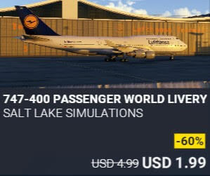 747-400 Passenger World Livery Pack by Salt Lake Simulations. USD $4.99 (on sale for 1.99)