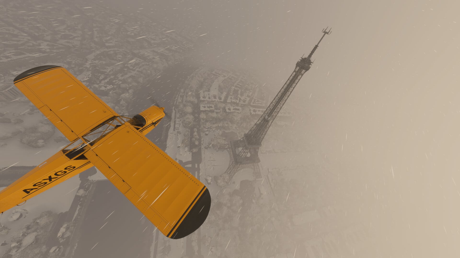 A yellow general aviation aircraft flies over the Eiffel Tower, Paris, during a snow storm