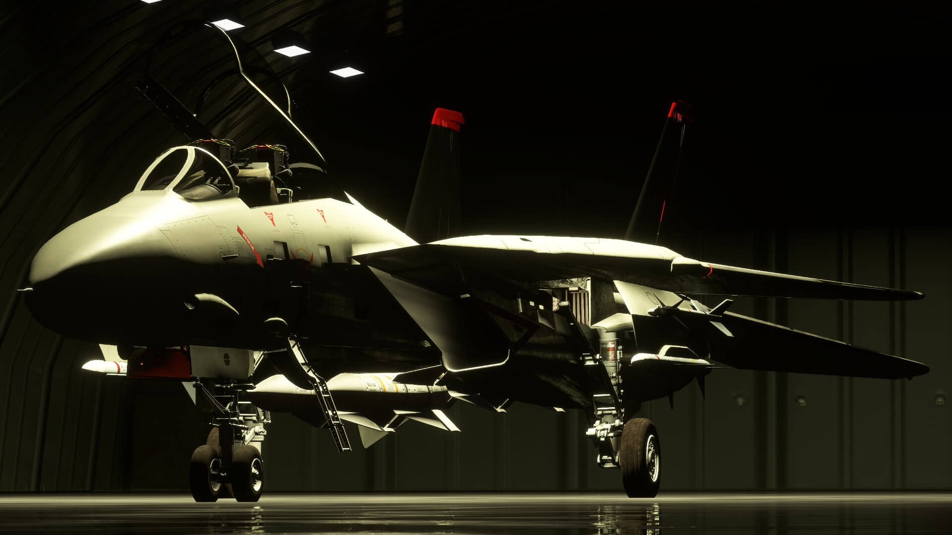 An F-14 parked in a hangar