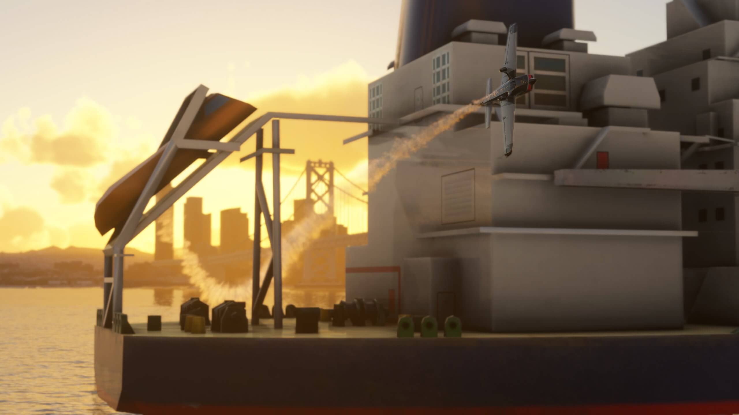 An aerobatic aircraft with smoke plume on flies through a ship