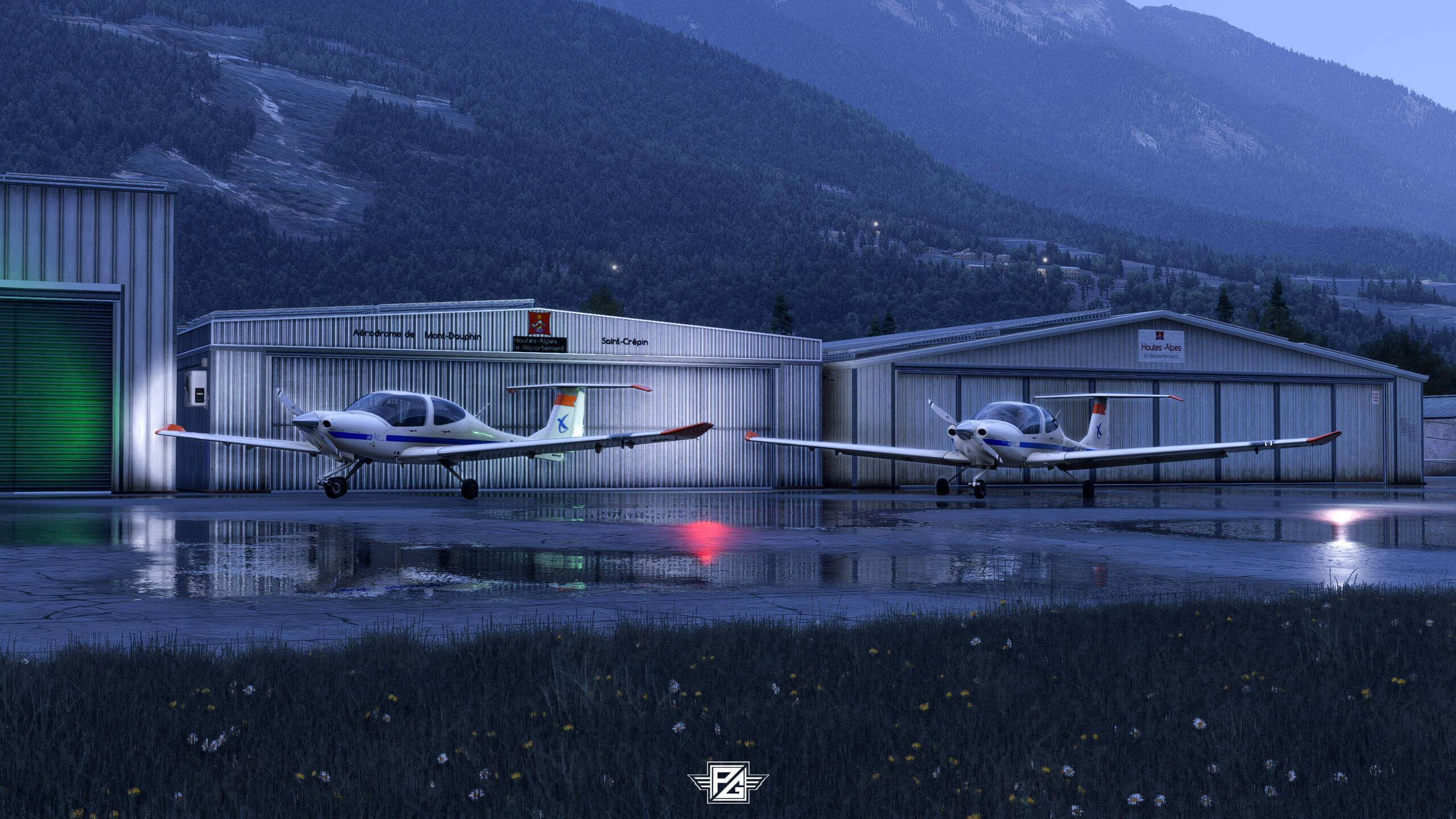 Two general aviation propeller aircraft sit on a wet airport ramp in a valley