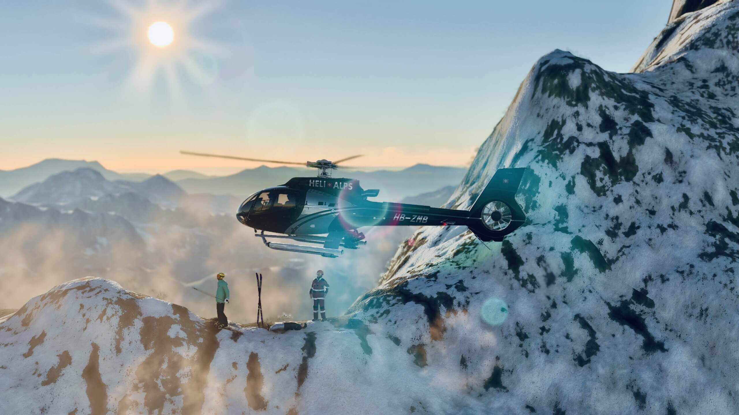 A helicopter hovers by a mountain to rescue an injured climber