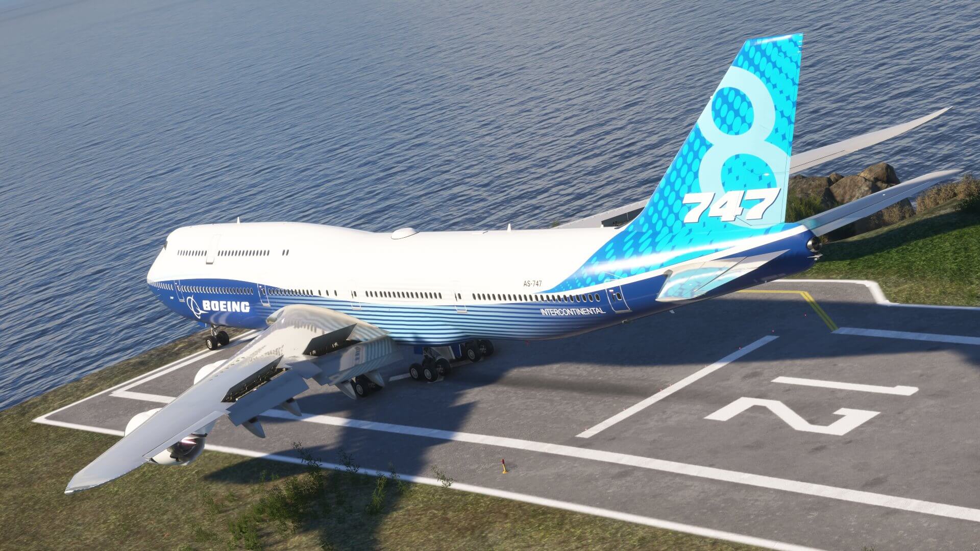 A Boeing 747 stopping with no room to spare at the end of a runway
