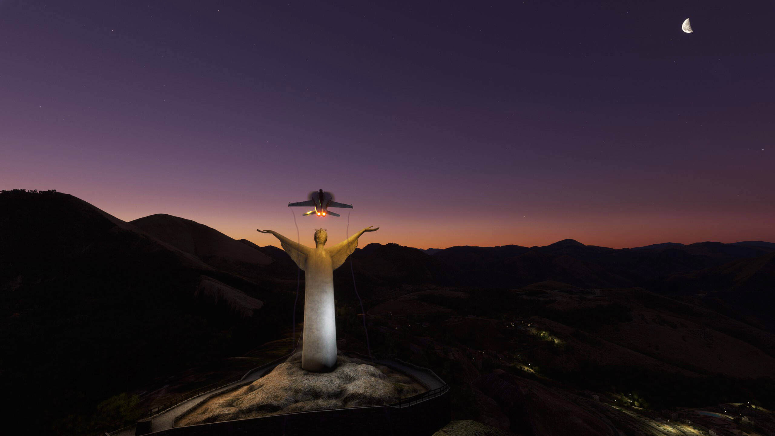 An F-18 Hornet engages afterburners climbing close to a large statue