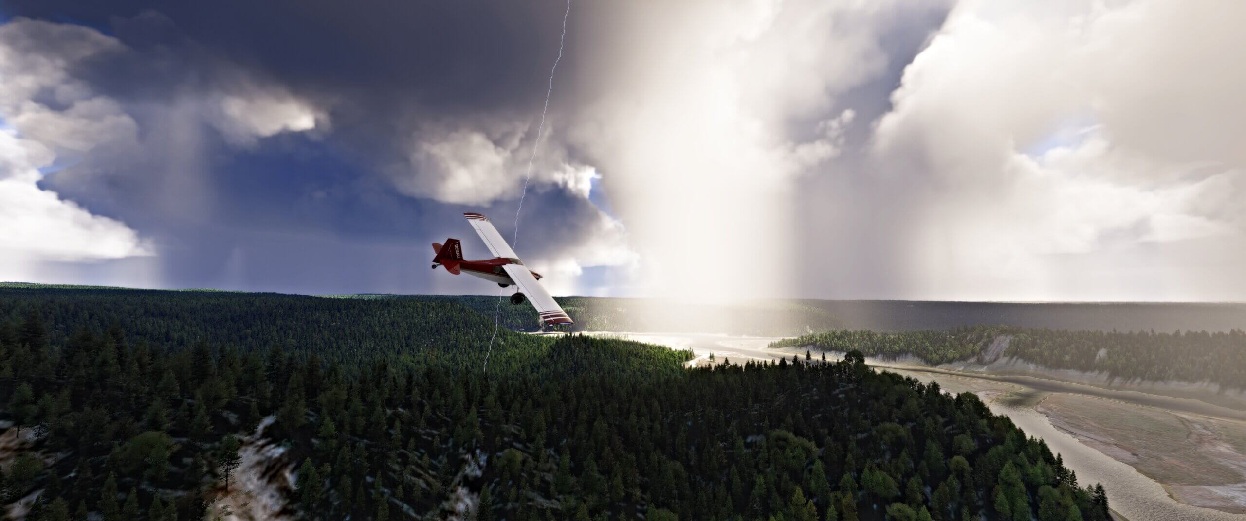 A high-wing propeller aircraft banks to the right whilst a lightening bolt strikes nearby