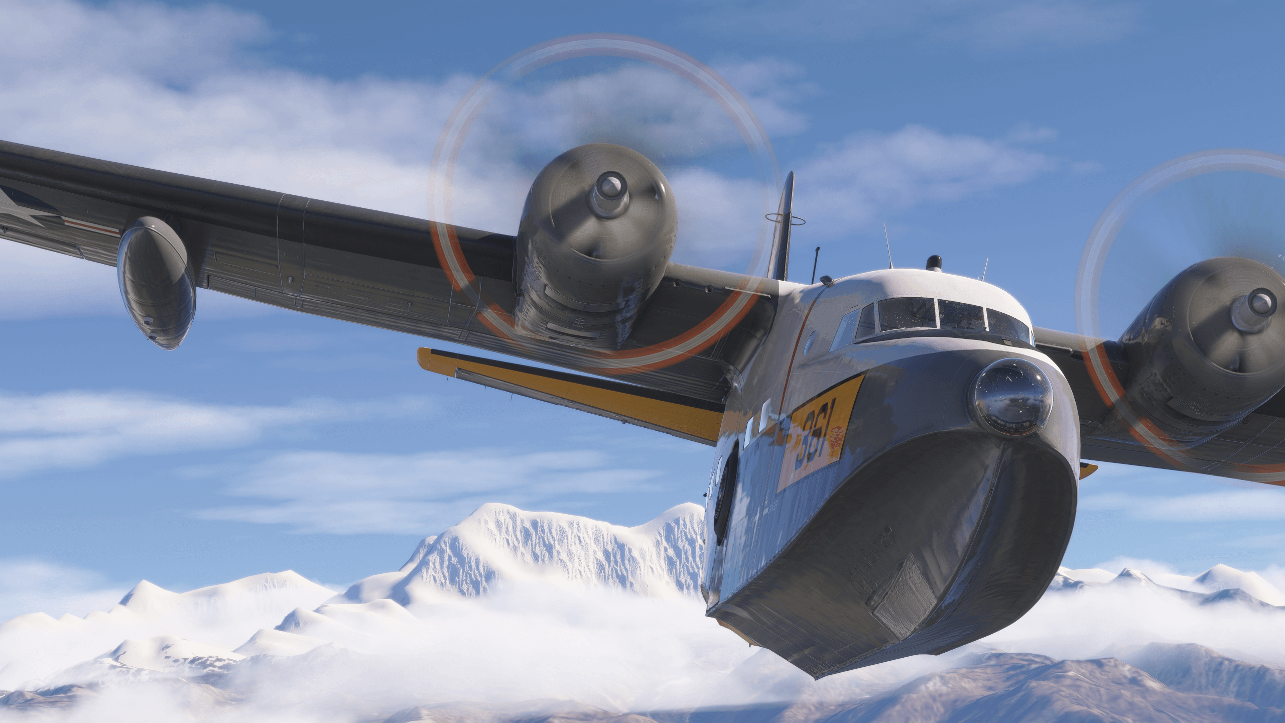 The Spruce Goose flies through snowy mountains