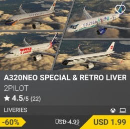 A320NEO SPECIAL & RETRO LIVERIES by 2PILOT. USD $4.99 (on sale for 1.99)