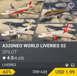 A320NEO WORLD LIVERIES 02 by 2PILOT. USD $4.99 (on sale for 1.99)