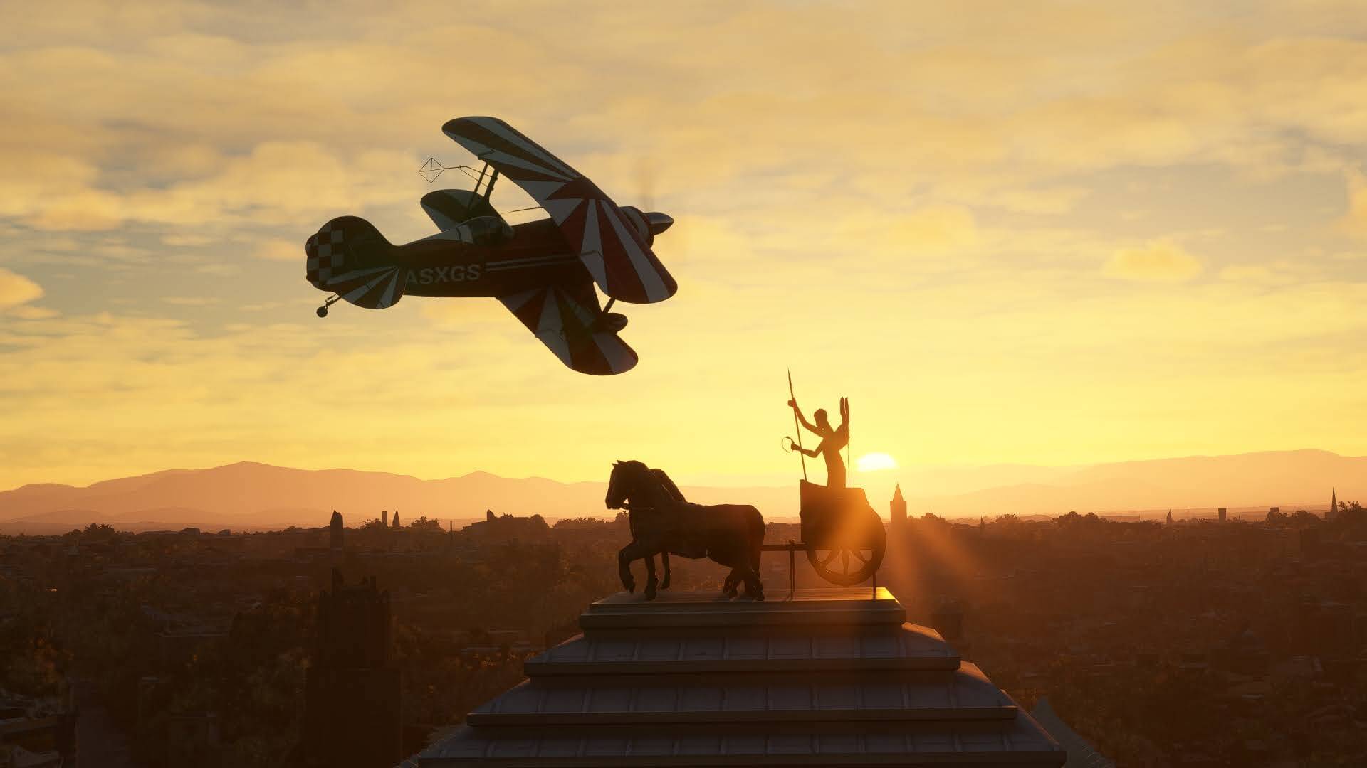 A dual wing propeller aircraft flies near a monument during sunset