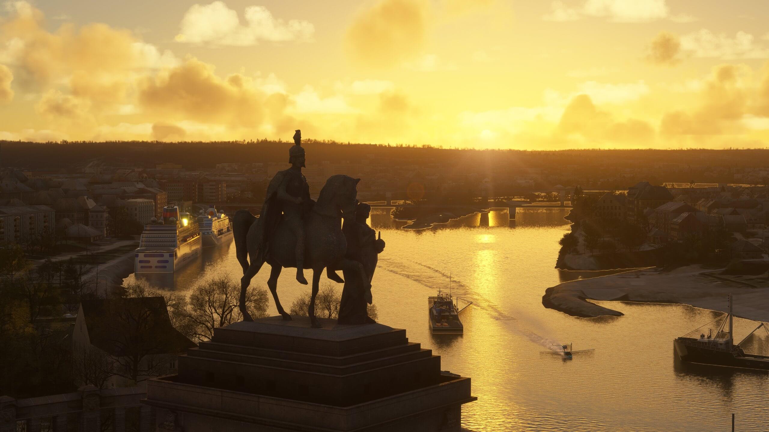 Sunset near a city monument with an aircraft landing on the river below